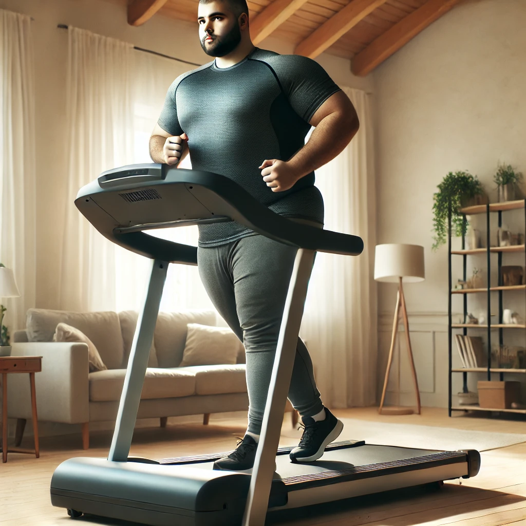 dall·e 2024 10 14 15.53.12 a person with a large body frame training on a walking pad in a home setting. the individual is focused and determined, walking on the treadmill with